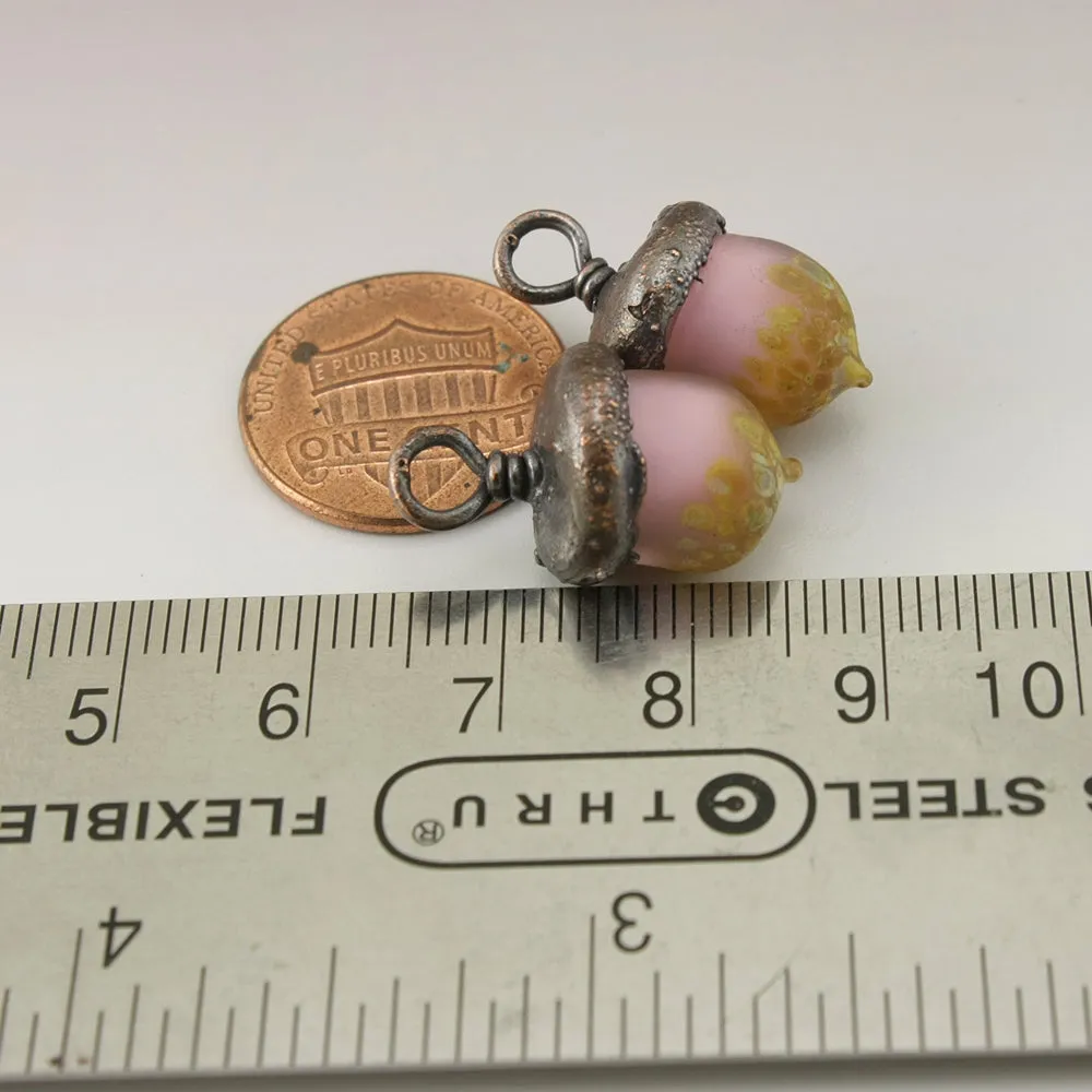 Pink Etched Acorns with Raku Frit Copper Electroforming Pair