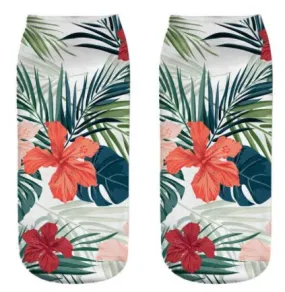 SF1034 Hibiscus Flower & Tropical Leaves Socks